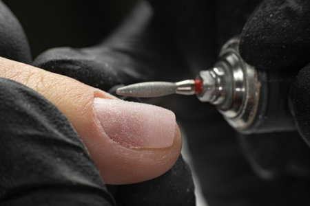 Woman using electric drill nail file in beauty salon. Perfect nail manicure process or operation in close proximity with burst flying debris, macroの写真素材