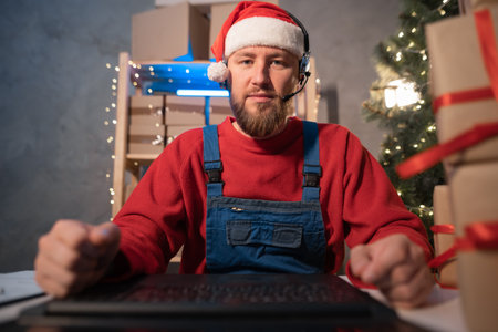Happy Santa Claus wearing hat using laptop computer sitting at workshop home table late on Christmas eve, webcam view. Ecommerce website xmas time holiday, online shopping e commerceの写真素材