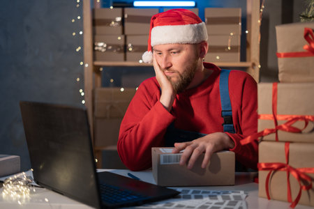 Start up. Depressed, stressed. Young Santa Claus working with laptop and delivery packaging box on table, small business owner working at home office, SME, Christmas shopping onlineの写真素材