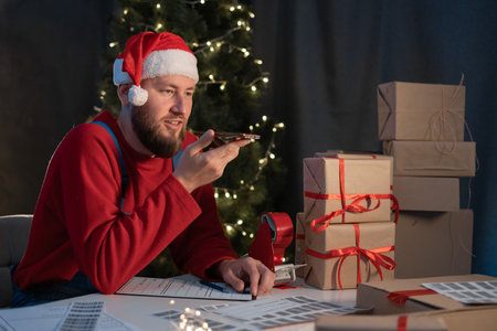 Small business owner entrepreneur working at home office using mobile phone, Santa Claus works in delivering gifts and goods for Christmas sale, e-commerce, SME, telemarketingの写真素材