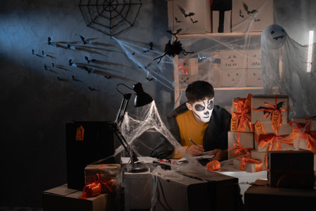 Delivery business. A man with a skull make-up sits in his home office among boxes of cobwebs, keeping track of boxes to ship. the concept of a big sale for halloween, discounts and promotions.の写真素材