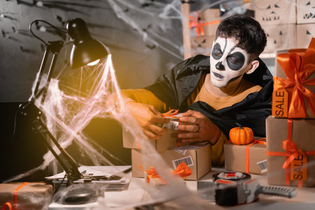 Drop shipping business owner wears white clay skull, professional make-up at home office prepares merchandise for shipping, glues barcode onto box. Halloween sale concept,の写真素材