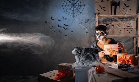 Arab man business owner wears white clay skull, professional makeup in home office. accepts an order on the site writes the address on the box. Festive decorated office. halloween sale concept.の写真素材
