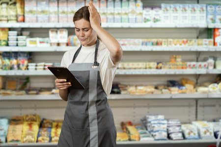 Attractive stressed woman wearing uniform with apron working in supermarket holding digital tablet looking at screen, take head, Grocery shelves on background.の写真素材