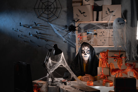 Small and medium business start-up entrepreneur, male entrepreneur with skull make-up sits among boxes with cobwebs. Big sale concept for halloween. Banner.の写真素材