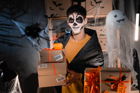 Drop shipping business owner talking wearing white clay skull, home office professional make-up preparing merchandise for shipment. the concept of sale of goods on Halloween, discounts and promotionsの写真素材