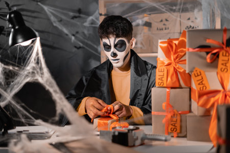 Successful Small Business Owner, Skeleton Makeup Freelance Trader Preparing Parcel to Deliver to Customers, SMB Entrepreneurs,の写真素材