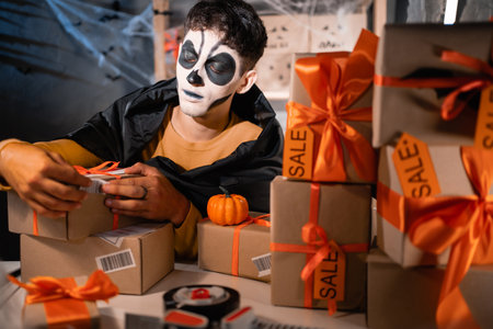 Drop shipping business owner wears white clay skull, professional make-up at home office prepares merchandise for shipping, glues barcode onto box. Halloween sale concept,の写真素材