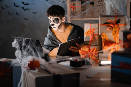 Arab male business owner wears a white clay skull, professional make-up fills out the form on clipboard. Festive decorated office. halloween sale concept discounts and promotionsの写真素材