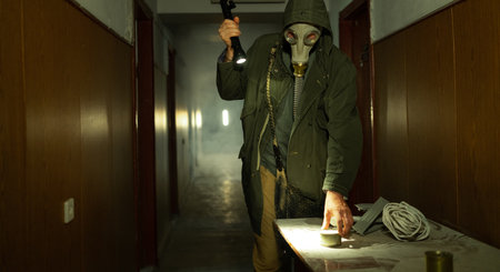 Stalker, in radioactive zone, post apocalyptic. Man in gas mask search food. Pollution of environmentの写真素材