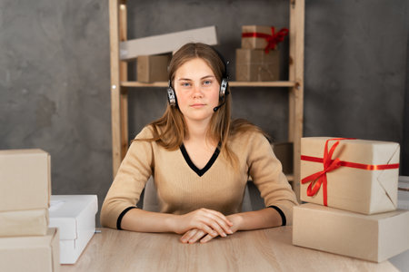 Entrepreneurs, small businesses, SME, self-employed at home use headphones headset for telemarketing. Selling in online marketplace. Packaging box, SME seller, e-commerceの写真素材