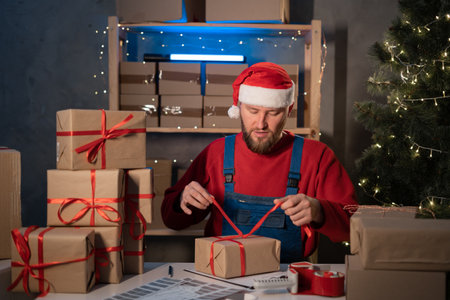 man entrepreneur small business owner is packing goods at home in a small office. Prepares boxes for shipment. Big sale for Christmas. home office is seller of online store. start-up.の写真素材