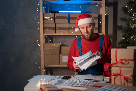 Shipment Online Sales, Small business or SME entrepreneur owner delivery service and working packing box on Christmas, business owner Santa working checking order to confirm in post office.の写真素材