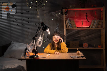little blonde kid girl 10 years old in witch hat sitting at the night at home on Halloween and talking on mobile phone. Childhood lifestyle concept.の写真素材