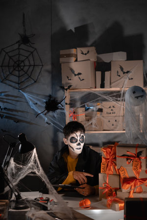 Delivery business. A man with a skull make-up sits in his home office among boxes of cobwebs, keeping track of boxes to ship. the concept of a big sale for halloween, discounts and promotions.の写真素材