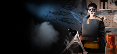 Drop shipping business owner wears white clay skull, professional makeup in home office. holding a black bag. Prizdnichny decorated office. Halloween sale concept, baner.の写真素材