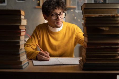 Young man college student writing with pen sitting near books. copy spaceの写真素材