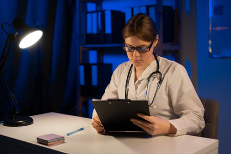 Family doc assistant consultant hold patient prescription help control risk epidemic disease wear white lab coat office clinic indoors. copy spaceの写真素材