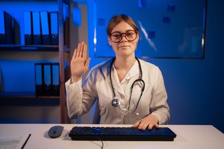 Headshot portrait of smiling woman doctor in white coat sitting at desk have video call at camera saying hi waving hand gesturing hello. webcam view. Telemedicine and e-health concept. copy spaceの写真素材