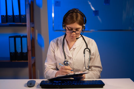 Female doctor or nurse with headset and computer working at hospital, webcam view. Medicine, technology and healthcare concept. copy spaceの写真素材