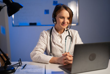 Female doctor talking with colleagues or patient through a video call with a laptop computer in the consultation. doctor online concept. copy spaceの写真素材