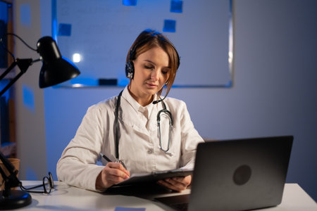 Doctor using headset with microphone working on laptop consulting patient online, therapist making video call at night, telemedicine concept. copy spaceの写真素材