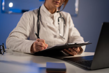 Doctor consult patient make online webcam video call on laptop. Telemedicine videoconference remote computer app virtual meeting. close upの写真素材