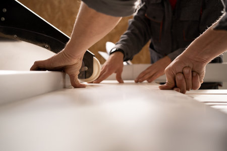 Two carpenters working with sliding panel saw and sawing fiberboard at furniture factory workshop. Manufacture and woodworking industry concept. close up.の写真素材