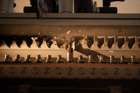 Close up of drilling machine making a hole in a wooden slab. Process manufacture of wooden furniture at furniture factory. copy spaceの写真素材