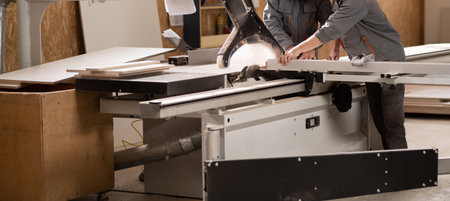Carpenter working with panel saw and sawing fiberboard at furniture factory. Production, manufacture and woodworking industry concept. copyspace. Bannerの写真素材