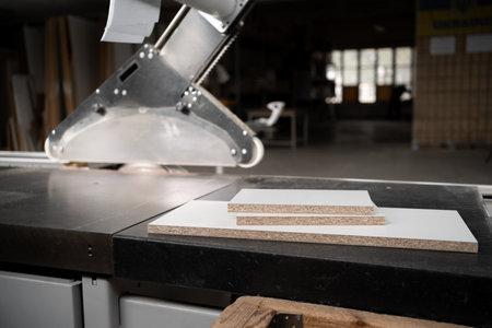 Sawing fiberboard at furniture factory workshop. Production, manufacture and woodworking industry concept. copy spaceの写真素材