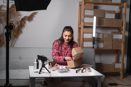 Cheerful female blogger is showing cosmetics and make up products while recording video and giving advices for her beauty blog. Young influencer capturing content for her beauty blog, using smartphoneの写真素材