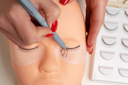 Eyelash extension training. Master marker puts markup scheme guide lashes while practicing on mannequin head. close upの写真素材