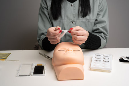 Training eyelash extensions concept. Work on the eyelash extensions on a mannequin, putting the strip under the eye. copy spaceの写真素材