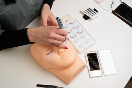 Basic training to build eyelashes on a silicone mannequin. eyelash extension procedure. Master marker puts markup scheme guide lashes. top viewの写真素材