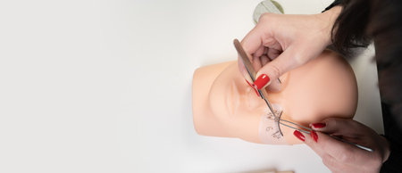 Basic training to build eyelashes on a silicone mannequin. Training eyelash extensions. Work with tweezers. Banner. copy spaceの写真素材