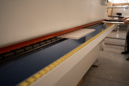 Fragment of an edging machine at a furniture factory. PVC lamination.