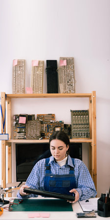 Young woman holding broken laptop working in service center. Concept of repair computer, electronic, upgrade, technology. Copy space.の写真素材