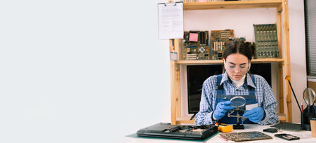 Female technician repairing the laptops motherboard by soldering in the lab or service center. Concept of computer hardware, electronic, repairing, upgrade and technology.の写真素材