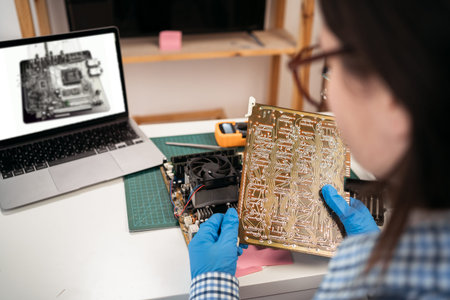 Computer assembly courses. Young woman repairman holding parts of laptop on the table. Repair of...