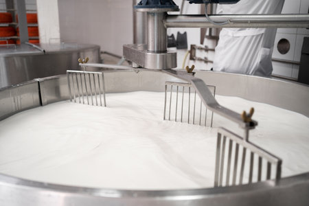Cooking milk in a stainless steel tank for cheese production. Cheese factory conceptの写真素材