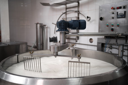 Traditional cheese making at a creamery, milk in a large stainless steel tanks. copy space