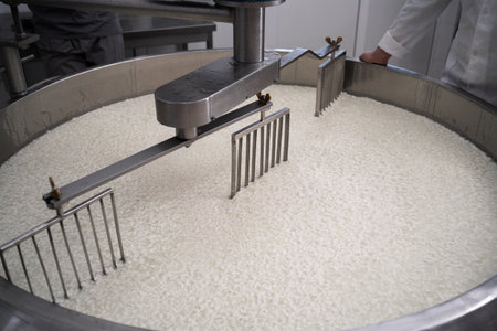 Mixing heat milk in a cheese factory in a large vat. Concept of cheese production in cheese factory. top viewの写真素材