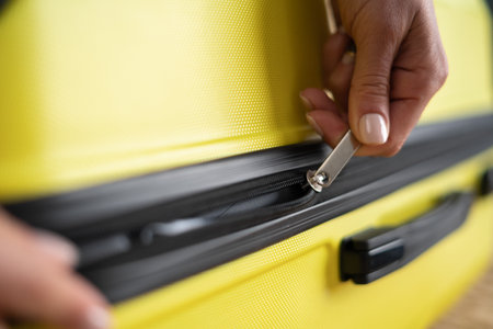 Close-up of female hands packing and locking bag for holidays trip. Latino woman preparing travel suitcase. Close-up of hands and zipper. Macroshotの写真素材