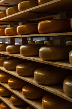 Cheese heads maturing on rack in factory warehouse. Many dutch cheeses on shelves.