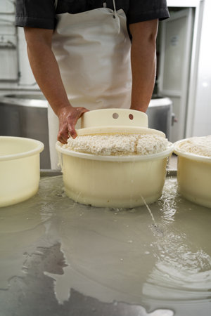Man forming cheese into the plastic molds at the dairy factory. Cheesemaker preparing fresh cheeseの写真素材