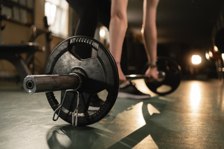 Deadlift workout. Young woman lifting heavy barbell at gym, female athlete training in modern sport club, enjoying bodybuildingの写真素材