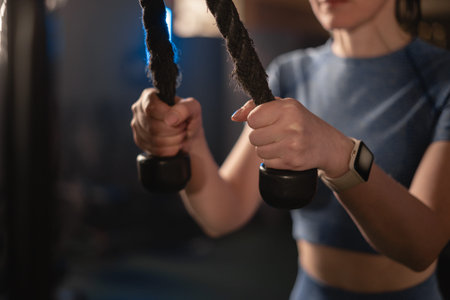 Woman at gym using rope for arms exercise muscular triceps training. sport, fitness, lifestyle and...
