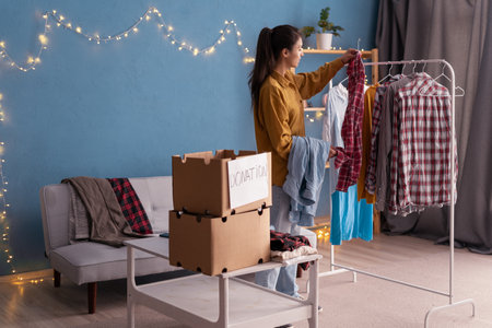Millennial woman packing clothes into donation box in living room. Clothes Donation, Renewableの写真素材