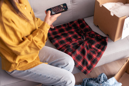 Woman taking photo of skirt at home on smartphone camera for post to sell online on internet market...